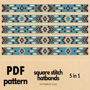 May include: A digital PDF pattern featuring five square stitch hatbands. The hatbands have a turquoise background with geometric patterns in orange, brown, black, and white. The text "PDF pattern" and "square stitch hatbands" are also visible.