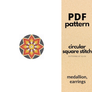 Può includere: Un disegno circolare di perline nei toni del giallo, arancione e rosso, circondato da un bordo nero. L'immagine include il testo "PDF pattern" e "circular square stitch" con le parole "medallion, earrings" sotto.