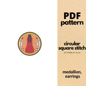Può includere: Un modello PDF per un design a punto quadrato circolare. Il design presenta un medaglione circolare con dettagli rossi, neri, gialli e bianchi. Il testo a destra recita "PDF pattern", "circular square stitch" e "medallion, earrings".