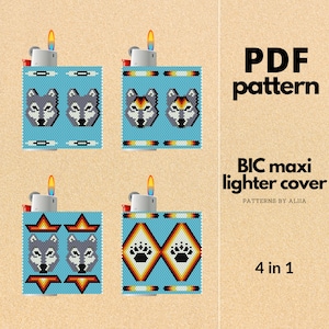 wolf lighter cover pattern, bic lighter cover, peyote stitch pattern, peyote pattern, miyuki pattern | size 11 seed beads
