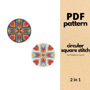 Könnte beinhalten: Zwei kreisförmige Perlenmuster mit einem zentralen Kreuzdesign in Rot, Gelb und Blau auf schwarzem Hintergrund. Das Bild enthält auch den Text "PDF pattern" und "circular square stitch".