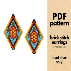 Może przedstawiać: Wzór PDF na kolczyki w ściegu ceglanym z geometrycznym wzorem w kolorze turkusowym, żółtym, pomarańczowym i czerwonym. Tylko schemat koralików.