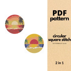 Può includere: Due modelli circolari con un design tramonto, con tonalità rosse, gialle e blu, e sagome di palme. È visibile anche il testo "PDF pattern" e "circular square stitch".