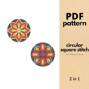 Può includere: Un modello PDF digitale con due disegni circolari con motivi floreali. I disegni utilizzano una tecnica a punto quadrato e incorporano colori rosso, giallo e nero. Il testo "PDF pattern" e "circular square stitch" è visibile.