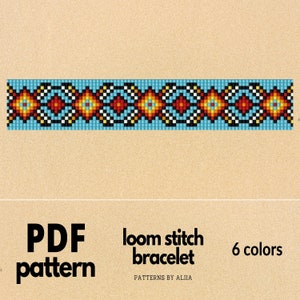 May include: A loom stitch bracelet pattern with a geometric design in shades of blue, red, yellow, and black. The pattern includes the text "PDF pattern", "loom stitch bracelet", and "6 colors".