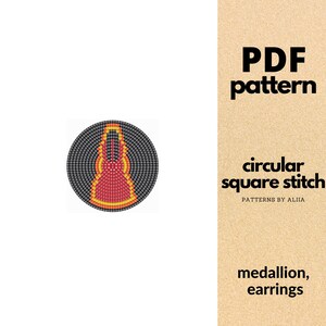 Può includere: Un modello PDF per un design a punto quadrato circolare. Il design presenta un medaglione circolare in rosso, giallo e nero. Il testo sull'immagine recita "PDF pattern", "circular square stitch" e "medallion, earrings".