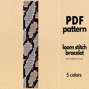 May include: A digital PDF pattern for a loom stitch bracelet. The bracelet design features a repeating pattern of black, white, tan, and red beads. The text on the image reads "PDF pattern", "loom stitch bracelet", and "5 colors".
