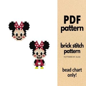 Może przedstawiać: Dwa obrazy pixel art Myszki Minnie, jeden jako zbliżenie głowy, a drugi jako cała postać. Cała postać ma na sobie czerwoną sukienkę i żółte buty. Tekst po prawej stronie mówi "PDF pattern", "brick stitch pattern" i "bead chart only!"