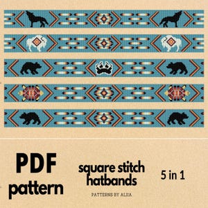 May include: A digital PDF pattern for square stitch hatbands. The design features five hatband patterns with Native American-inspired motifs, including a wolf, bison, bear, turtle, and crown, in a turquoise, red, and white color scheme.