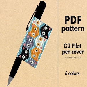 May include: A PDF pattern for a beaded pen cover featuring a colourful design of cats. The pattern is for a G2 Pilot pen and uses 6 colours. The text "PDF pattern" and "G2 Pilot pen cover" is displayed in the image.