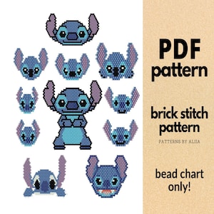 May include: A digital PDF pattern for brick stitch beadwork featuring various blue and purple Stitch designs. The image shows multiple Stitch faces and full-body figures, with the text "PDF pattern", "brick stitch pattern", and "bead chart only!"