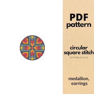 Può includere: Un modello PDF per un design a punto quadrato circolare. Il design è un medaglione colorato con elementi rossi, gialli, blu e neri. Il testo sull'immagine dice "PDF pattern", "circular square stitch" e "medallion, earrings".