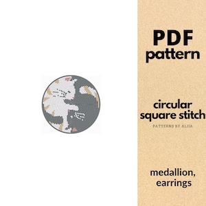 Può includere: Un motivo circolare con un design yin-yang in grigio, bianco e oro. L'immagine include il testo "PDF pattern", "circular square stitch" e "medallion, earrings". Il motivo è di AliiA.