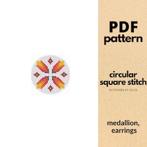 Può includere: Un modello PDF per un design a punto quadrato circolare. Il design presenta un motivo circolare con elementi rossi, gialli e arancioni. Il testo dice "PDF pattern", "circular square stitch" e "medallion, earrings".