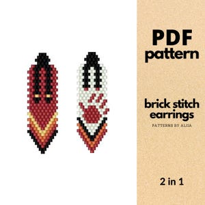 May include: Two brick stitch earring patterns in a PDF format. One earring is red with black accents and a yellow and orange chevron. The other is white with a red handprint design and a black and orange chevron. The text says "brick stitch earrings" and "2 in 1".