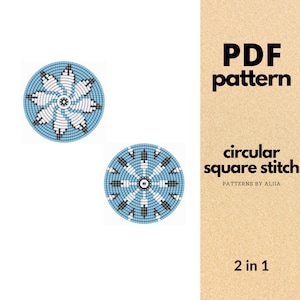 May include: A PDF pattern showing two circular designs with a floral pattern in white, black, and blue. The text on the right reads "PDF pattern" and "circular square stitch". The design is labeled "2 in 1".