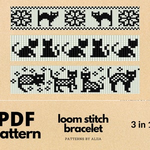 Könnte beinhalten: Ein PDF-Muster für Webstich-Armbänder. Das Bild zeigt drei Armbanddesigns mit schwarzen Katzen- und Schneeflockenmustern auf hellem Hintergrund. Der Text auf dem Bild lautet "PDF pattern loom stitch bracelet 3 in 1".