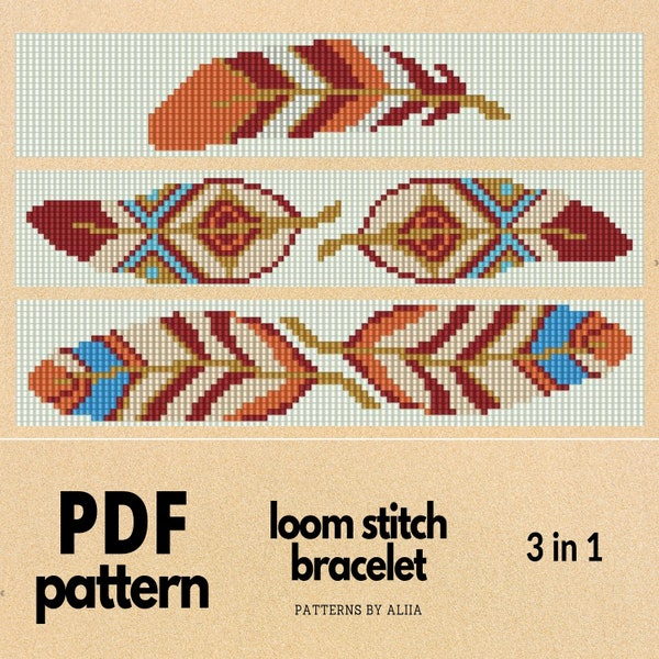 motif plume, plume éblouissante, motif navajo, motif miyuki | 3 en 1 | 23 rangs de large, taille 11 perles de rocaille