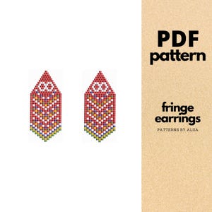 Puede incluir: Un patrón PDF digital para pendientes de flecos. Los pendientes son rojos, blancos, amarillos y azules con un diseño geométrico. Se muestra el texto "PDF pattern" y "fringe earrings".
