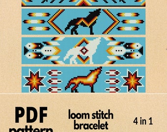 wolf totem pattern, native bead loom, native beadwork, miyuki pattern, navajo pattern | Miyuki Delicas | 4 in 1 | e book