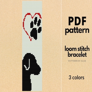 Könnte beinhalten: Ein PDF-Muster für ein gewebtes Armband mit einer schwarzen Silhouette eines Hundes mit einem roten Herzen und einem Pfotenabdruck. Das Muster benötigt 3 Farben.