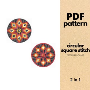 Può includere: Due motivi circolari con un design radiale in nero, rosso, giallo e bianco. I motivi sono su uno sfondo bianco. Il testo a destra recita "PDF pattern" e "circular square stitch".