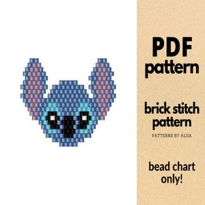 May include: A digital bead pattern featuring a blue and purple cartoon character's face. The design is made up of small, square beads. Text on the right side reads "PDF pattern", "brick stitch pattern", and "bead chart only!"