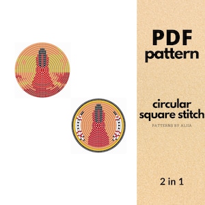 Può includere: Due modelli circolari di perline con una figura rossa centrale e dettagli neri. I modelli sono su uno sfondo beige. Il testo a destra recita "PDF pattern" e "circular square stitch" con "PATTERNS BY ALIIA" sotto. Il testo "2 in 1" è in basso.