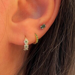 14K Solid Gold Pink Sapphires & Tsavorites Tiny Single/Pair Helix Hoop Earrings, 5mm Dainty Pave Hoops, Cartilage Earlobe Tragus Helix