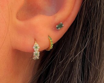 14K Solid Gold Pink Sapphires & Tsavorites Tiny Single/Pair Helix Hoop Earrings, 5mm Dainty Pave Hoops, Cartilage Earlobe Tragus Helix