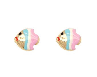 14K Solid Gold Stud Fish Earrings for kids, 14K Gold Colorful Kid's Earrings, Perfect gift for girls