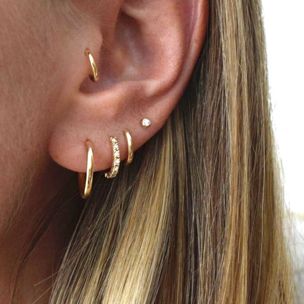 14K Solid Gold Tiny Single/Pair Helix Hoop Earrings, 5mm Dainty Minimal Hoops, Cartilage Earlobe Tragus Helix Conch Piercing