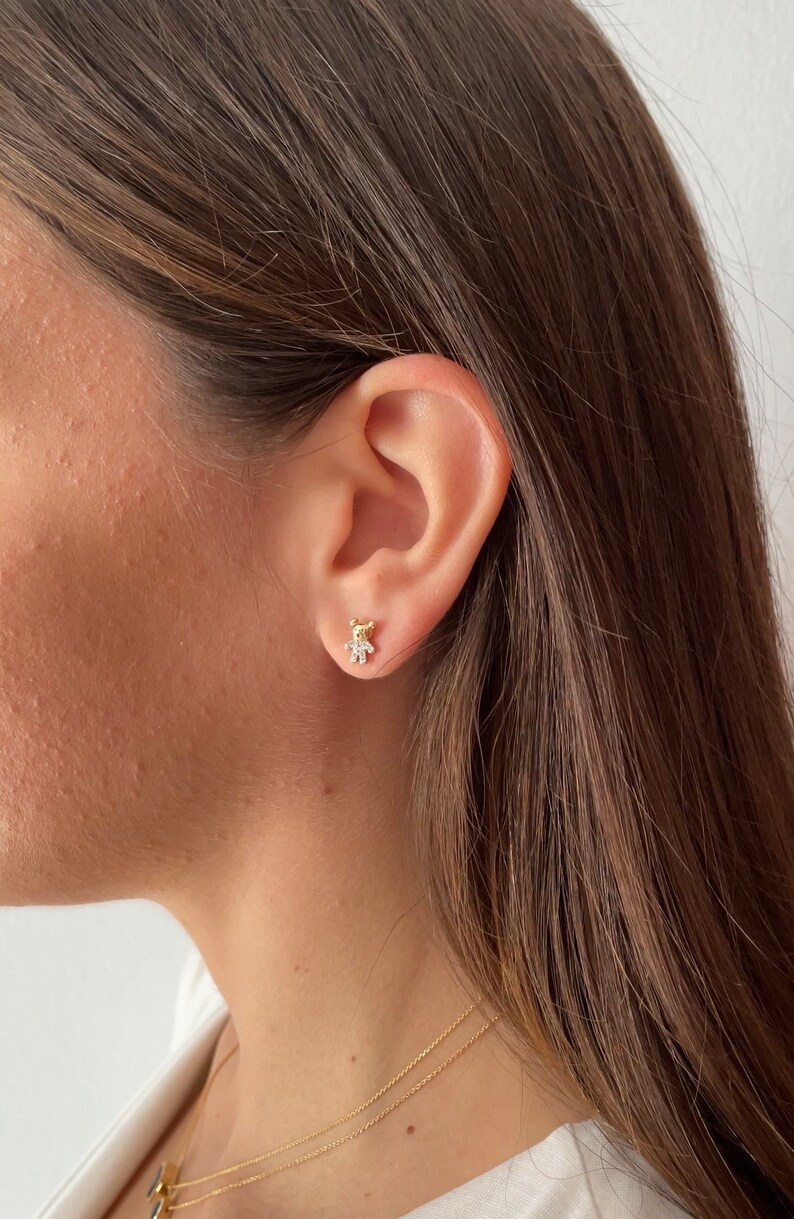 14K/ 18K Solid Gold Teddy Bear Stud Earrings, Solid Gold Diamond Stud