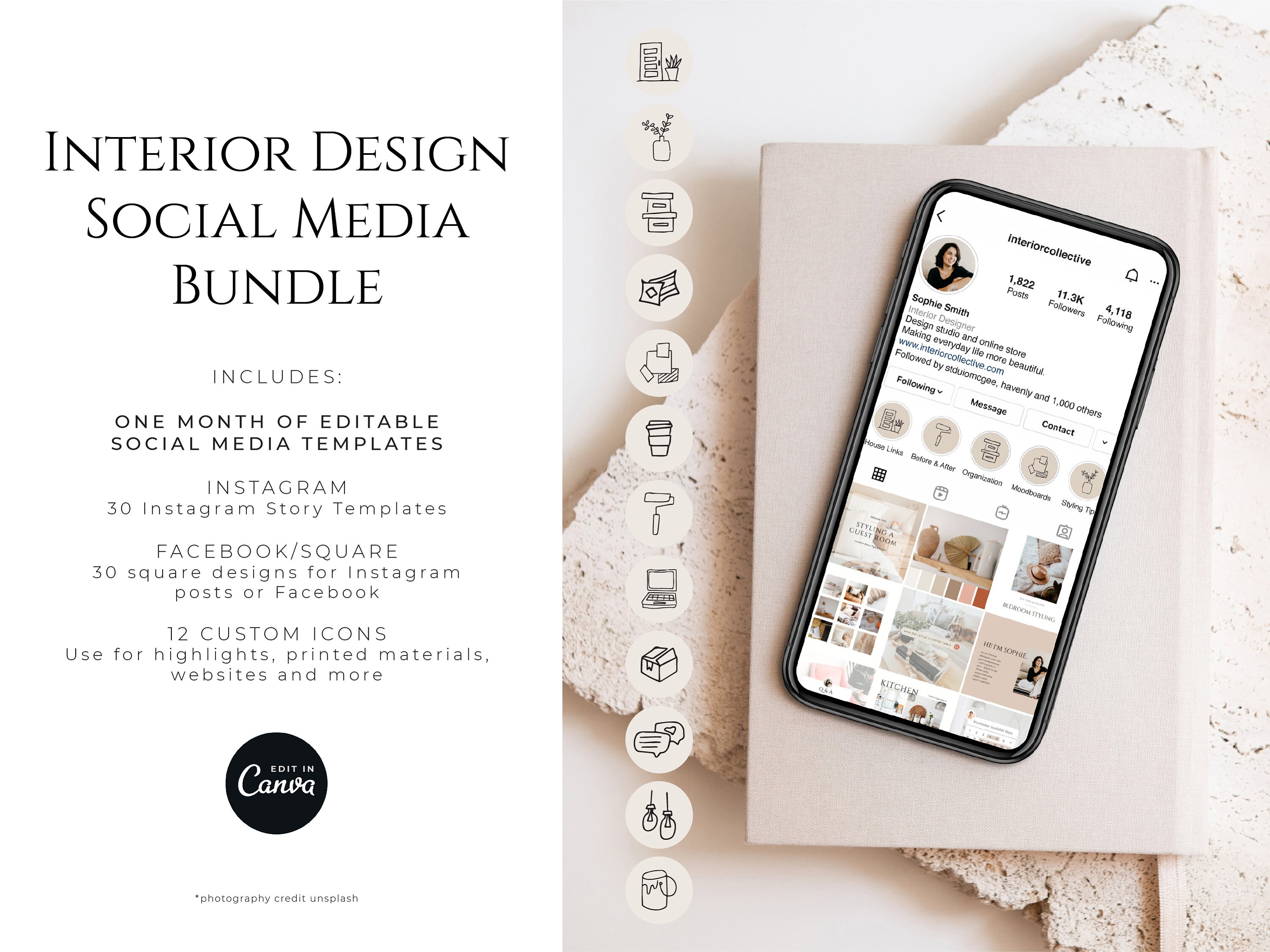 Interior Design Social Media Bundle: Canva Templates & Hand Drawn Icons ...