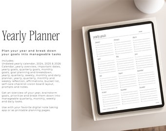 May include: A digital planner with a white background and black text. The planner includes a yearly calendar, goal setting pages, and reflection prompts. The text on the planner says "Yearly Planner" and "Plan your year and break down your goals into manageable tasks".