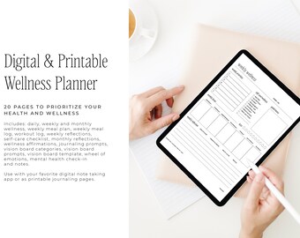 Op de afbeelding: Een digitale wellnessplanner met 20 pagina's om je te helpen je gezondheid en welzijn te prioriteren. De planner bevat dagelijkse, wekelijkse en maandelijkse wellness-trackers, maaltijdplannen, reflectieprompts en meer. De planner wordt weergegeven op een tablet met een stylus.