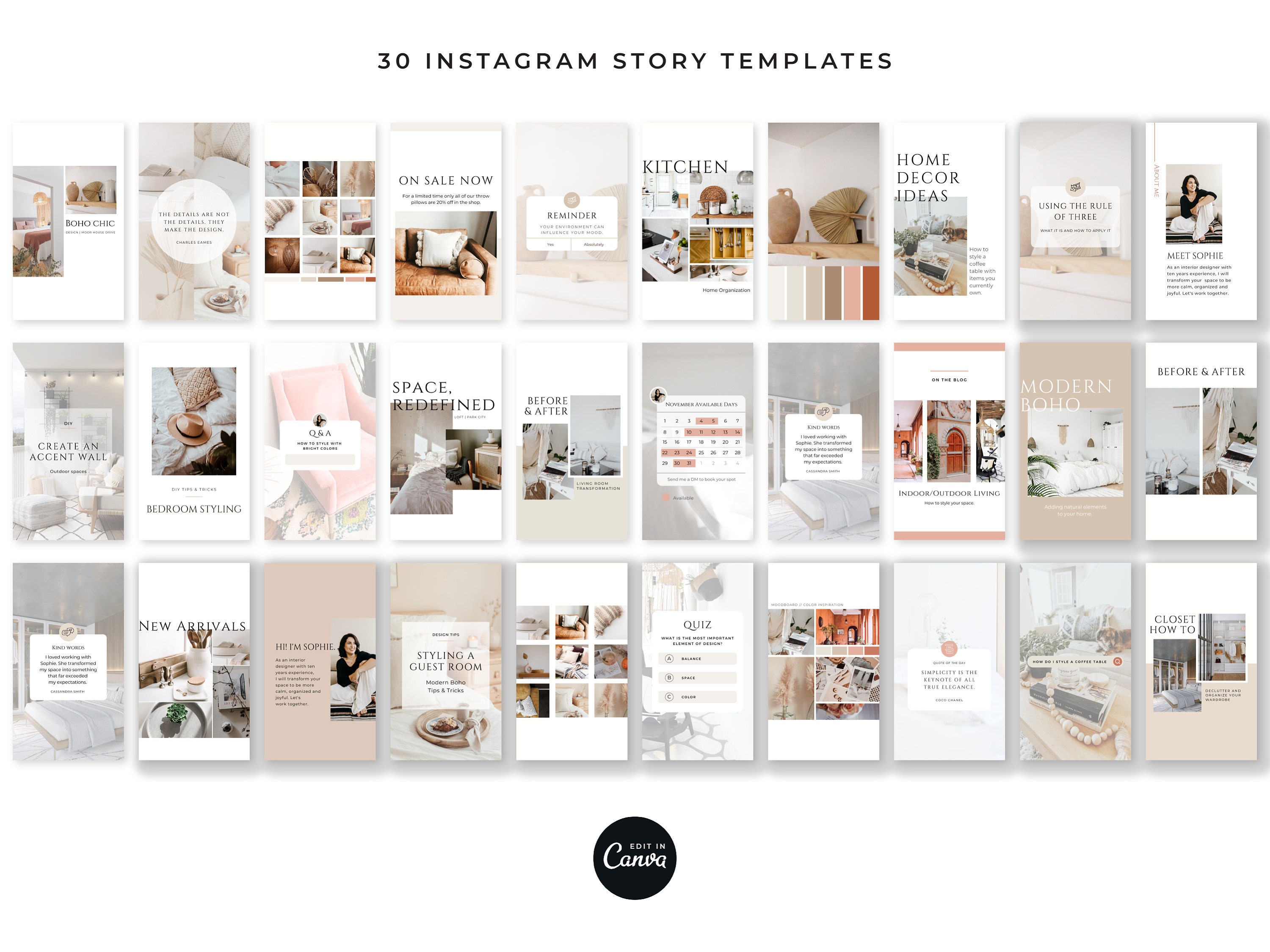 Boho Interior Design Social Media Templates: Canva Editable (PNG) - Etsy