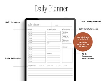 May include: A digital daily planner with sections for scheduling, top tasks, self-care, and daily reflection. Includes undated pages for digital or printed use. Features prompts for gratitude, mindfulness, and self-love. The text "Daily Planner" is at the top.