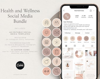 Health and Wellness Social Media Bundle,  Fitness Nutrition Coach instagram templates, Mental health and self love instagram Canva templates