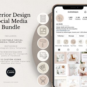 May include: A social media bundle for interior designers with 32 editable templates, 16 Instagram story templates, 16 square designs for Instagram or Facebook, and 12 custom icons. The bundle is designed to be used for highlights, printed materials, websites, and more. The image shows a phone screen with a mock-up of an Instagram profile and posts, as well as a set of icons.