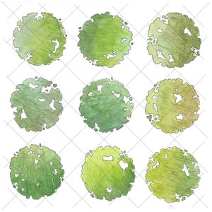 以下が含まれることがあります： 緑、黄色、茶色の様々な色合いで描かれた木のイラストが9つあります。木はシンプルで漫画のようなスタイルで描かれており、景観設計やその他の創造的なプロジェクトに最適です。