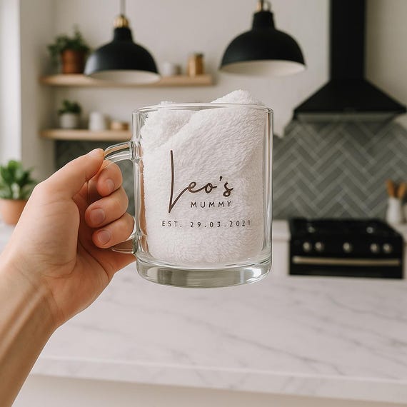 Personalised Mummy Mug | Custom Name & Est. Date Glass Coffee Cup | New Mum Keepsake | Baby Arrival Announcement | Christmas Gift For Mum