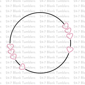 May include: A black circle with pink hearts around it. The circle is on a white background with the text "24-7 Blank Tumblers" repeated.