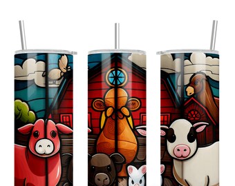 Farm Animal Stained Glass 20 oz Skinny Straight Tumbler Sublimation Design Digital Download PNG DIGITAL ONLY, Farm Animal Tumbler Wrap