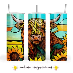 Highland Cow Stained Glass 20 oz Skinny Straight Tumbler Sublimation Design Digital Download PNG Instant DIGITAL ONLY, Highland Cow Tumbler