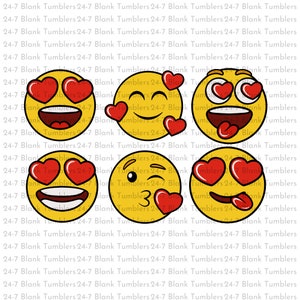 May include: Four yellow emoji faces with different expressions. Each face has red hearts for eyes and a red heart on the cheek. The first face is smiling with its mouth open. The second face is winking with its mouth closed. The third face is blowing a kiss with its mouth closed. The fourth face is sticking its tongue out with its mouth open.