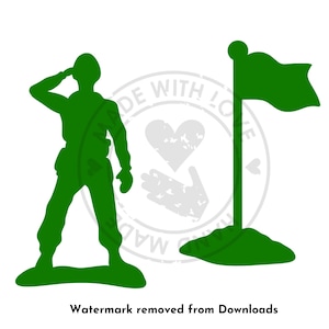 Könnte beinhalten: Eine grüne Silhouette eines Spielzeugsoldaten, der salutiert, mit einer grünen Flagge an einem Mast rechts.