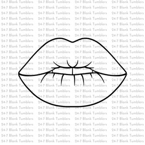 May include: A black and white illustration of a pair of lips with a slight smile. The lips are outlined in black and have a white interior. The illustration is set against a background of repeating text that says "24-7 Blank Tumblers".