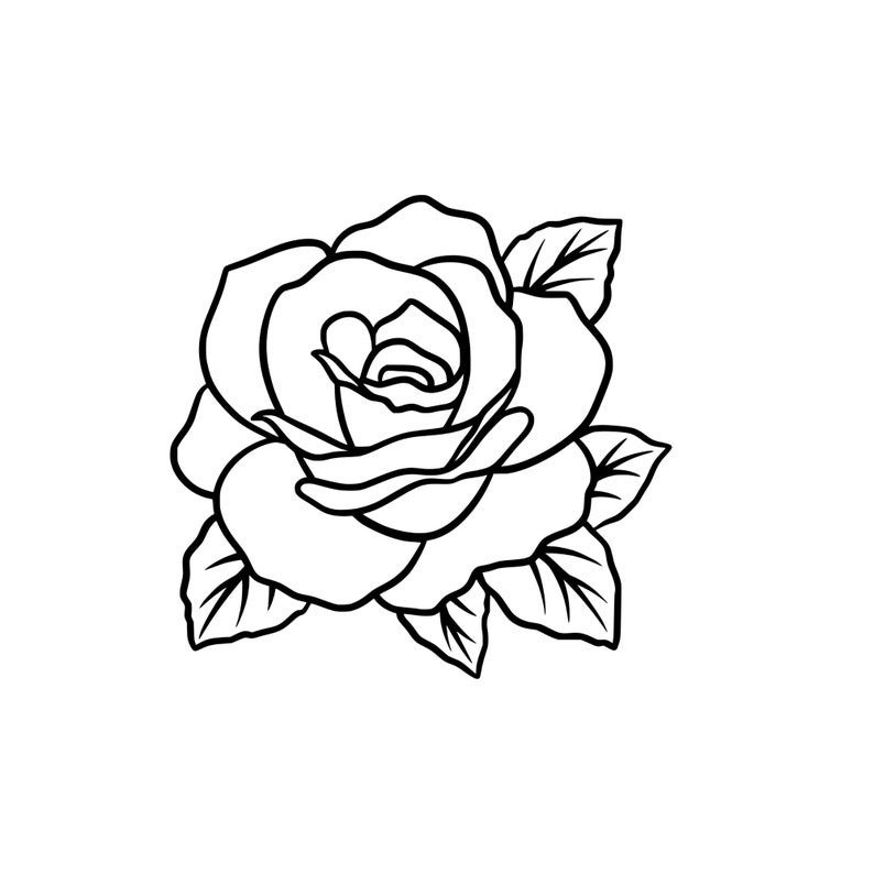 May include: A black and white line drawing of a single rose with leaves.
