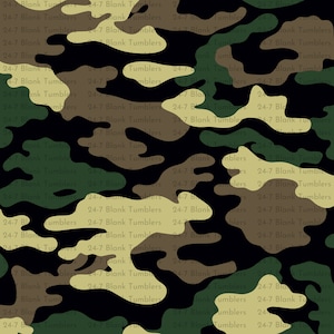 May include: Camouflage pattern in shades of green, brown, and tan on a black background. The words "24-7 Blank Tumblers" are faintly repeated across the design. This pattern is suitable for various products.